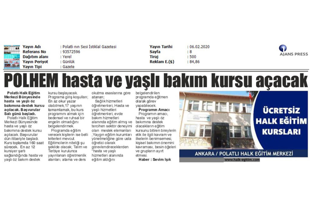 Polhem Hasta ve Yaşlı Bakım Kursu Açacak