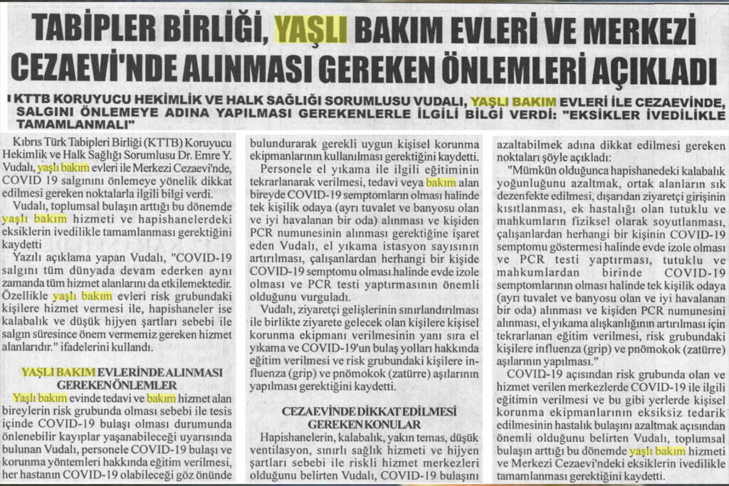 Tabipler Birliği, Yaşlı Bakım Evleri ve Merkezi Cezaevi'nde Alınan Önlemleri Açıklandı