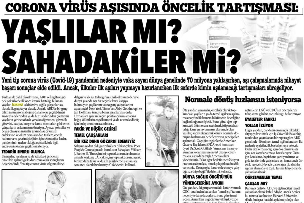Corona Virüs Aşısında Öncelik Tartışması : Yaşlılar mı? Sahadakiler mi?